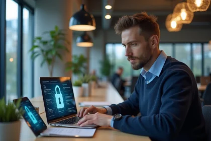 Jeune homme concentré travaillant sur son ordinateur à Grenoble