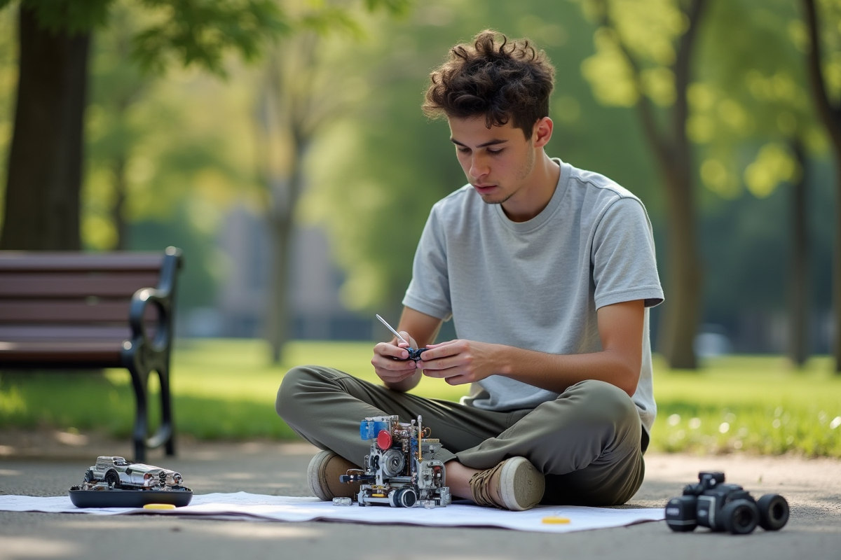 Jeune homme assemblant un modele mecanique dans un parc