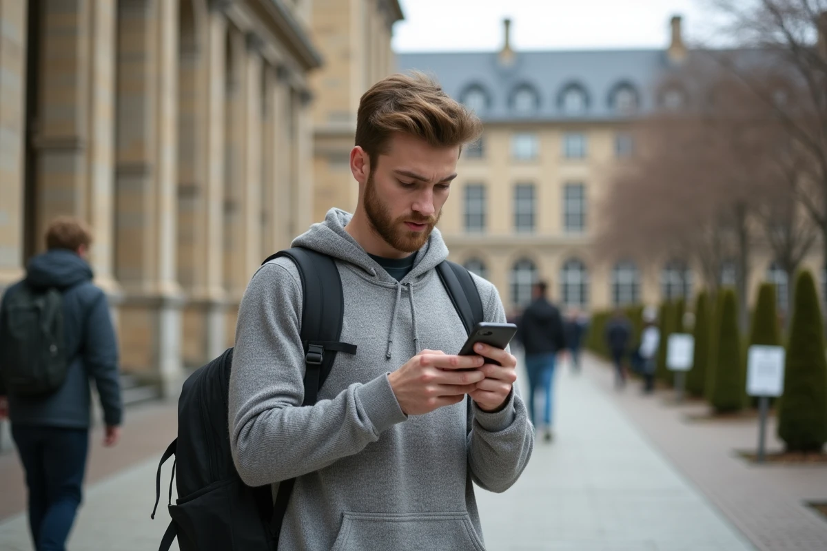 Jeune homme marche avec téléphone devant université