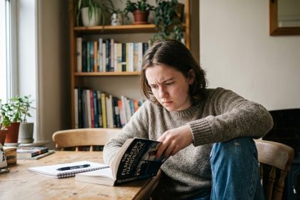 Jeune personne lisant un livre sur le filmmaking dans une cuisine