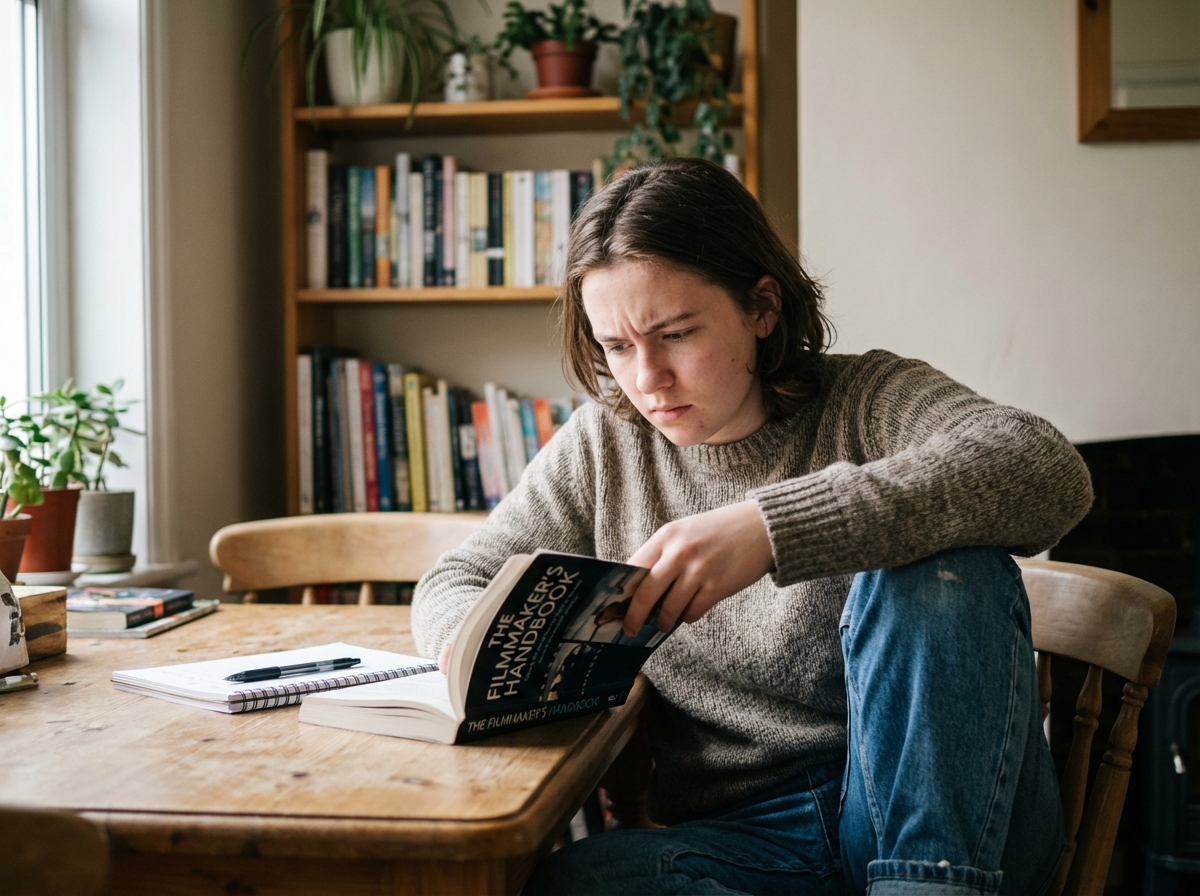 Jeune personne lisant un livre sur le filmmaking dans une cuisine
