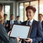 Jeune professionnel confiant recevant un certificat dans un bureau lumineux