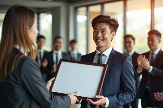 Jeune professionnel confiant recevant un certificat dans un bureau lumineux
