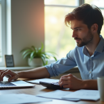 Jeune professionnel travaillant ses finances sur un ordinateur