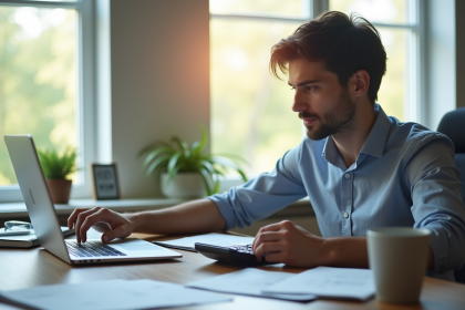 Jeune professionnel travaillant ses finances sur un ordinateur