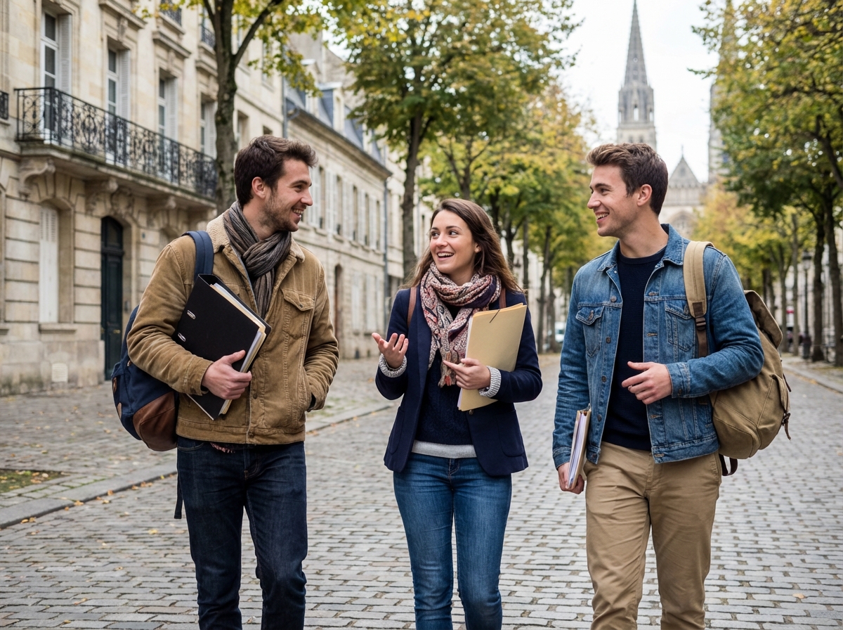Trois jeunes adultes discutant dans une rue pavée de Soissons