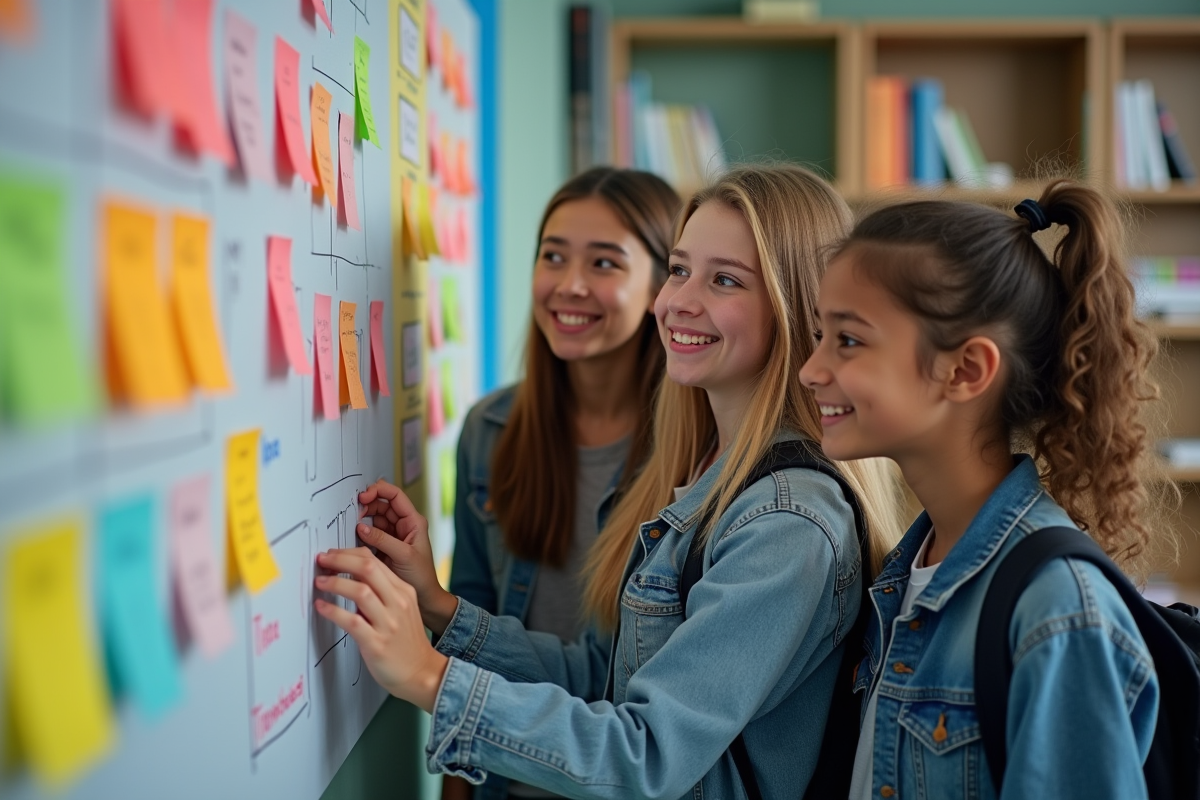 Jeunes dans une classe moderne collaborant sur une carte