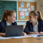 Adolescents en uniforme scolaire échangeant avec leurs laptops