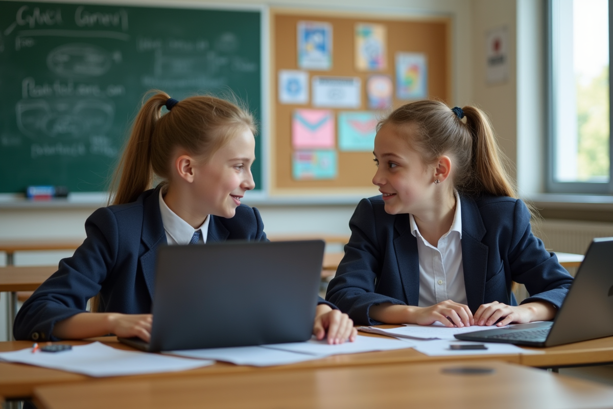 Adolescents en uniforme scolaire échangeant avec leurs laptops