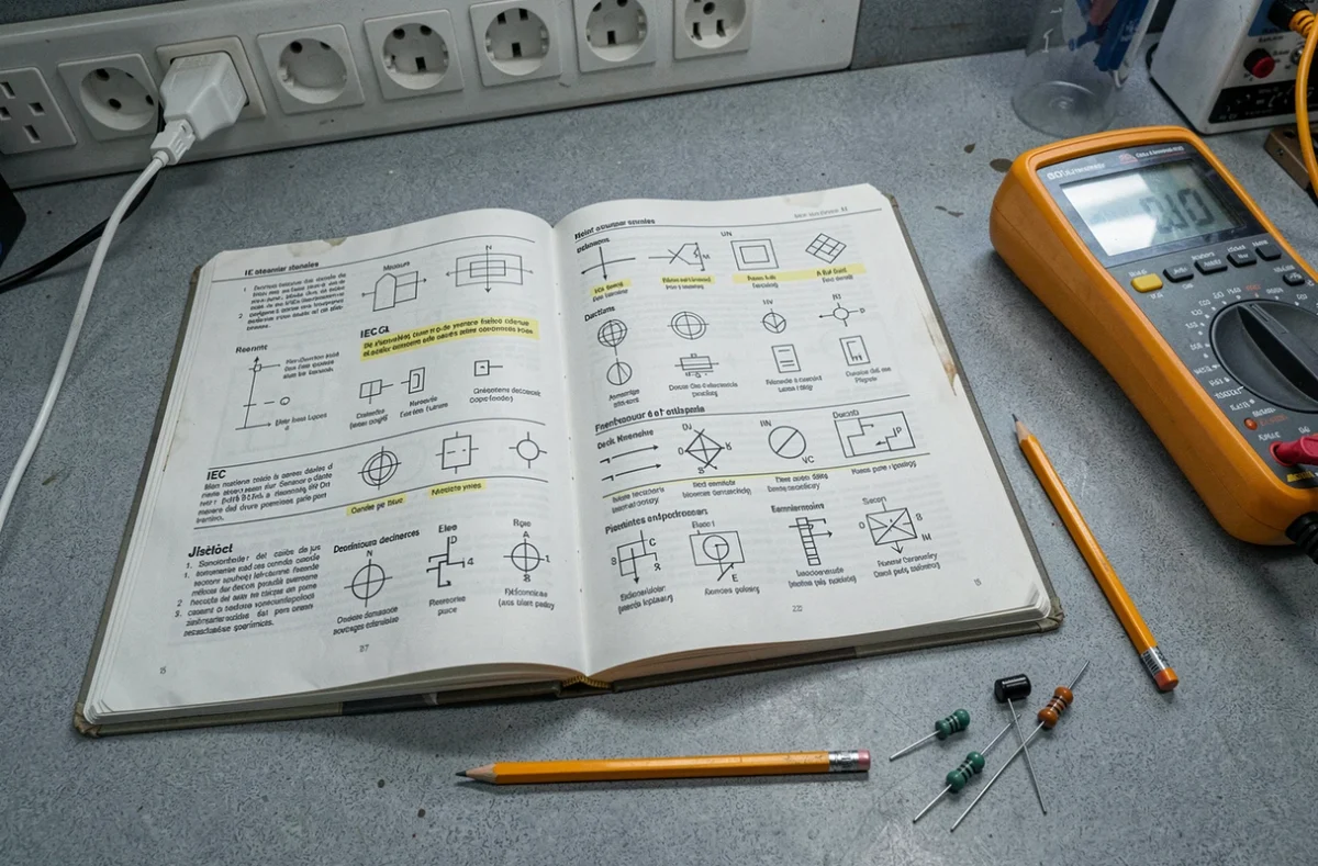 Livre de référence des symboles électriques IEC ouvert sur un établi d'atelier avec multimètre et composants électroniques