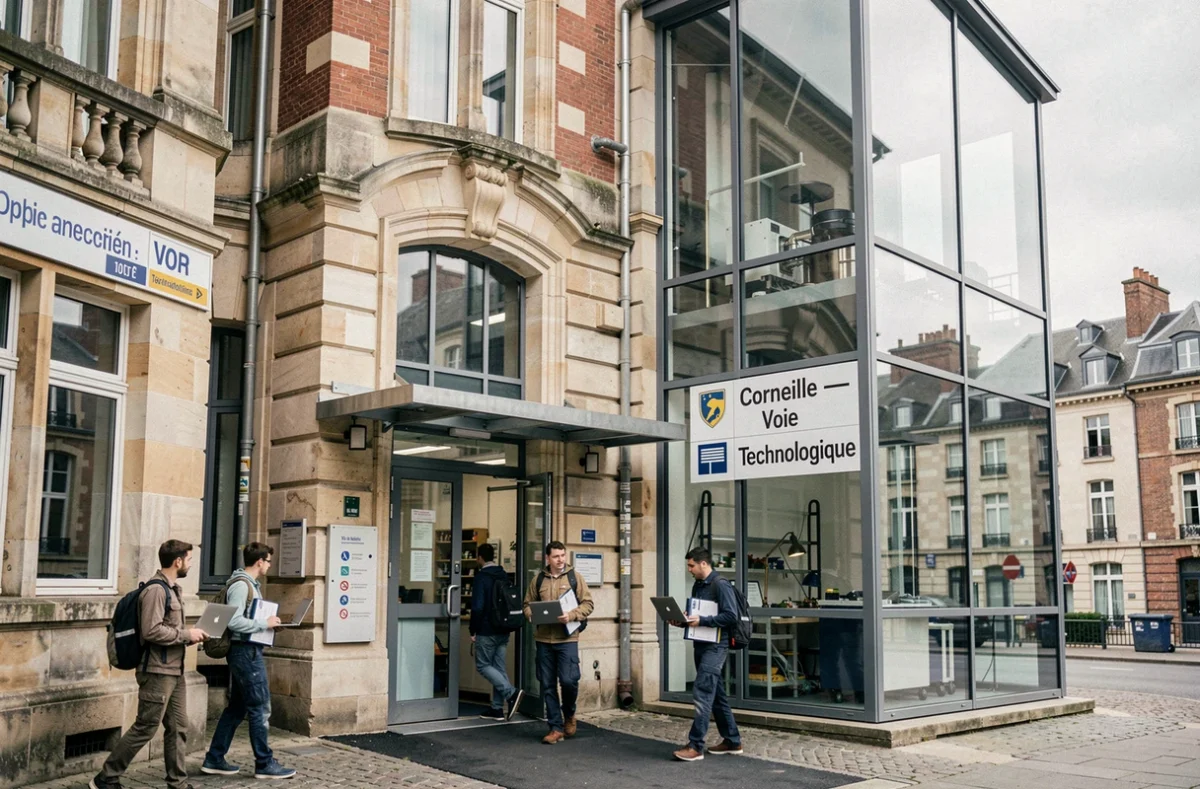 Entrée de la filière technologique du lycée Corneille à Rouen avec des étudiants en formation