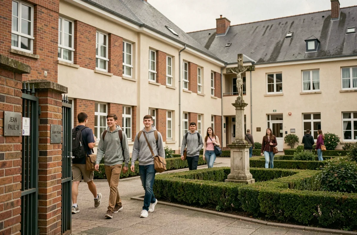 Cour intérieure du lycée Jean-Paul II à Rouen avec des élèves et un jardin soigné