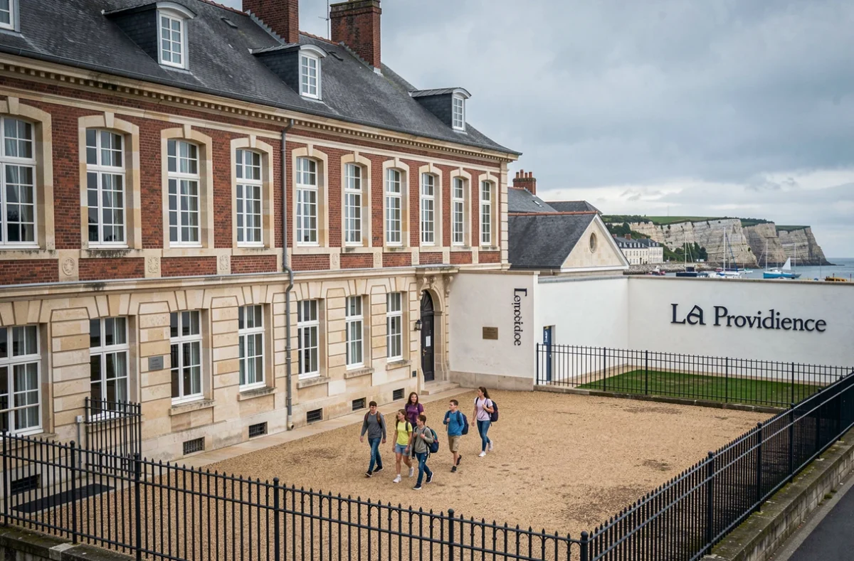 Lycée La Providence à Dieppe avec le port et les falaises normandes en arrière-plan