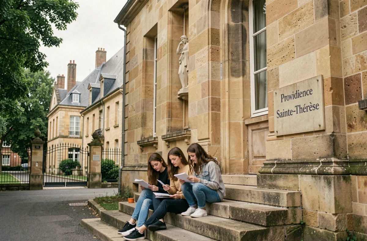 Élèves du lycée Providence Sainte-Thérèse à Rouen étudiant devant l'entrée de l'établissement