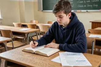 Lycéen concentré qui rédige une dissertation sur une copie d'examen dans une salle de classe française, avec des notes manuscrites et un manuel de philosophie