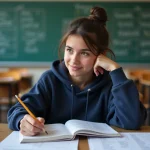 Lycéenne qui révise le subjonctif imparfait en espagnol sur son bureau en classe avec des cahiers de conjugaison