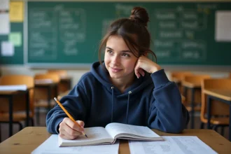 Lycéenne qui révise le subjonctif imparfait en espagnol sur son bureau en classe avec des cahiers de conjugaison