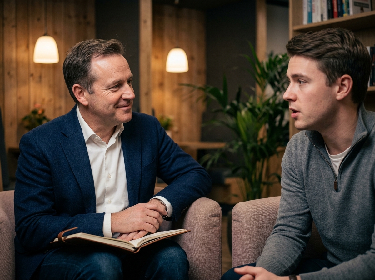 Manager et collègue en discussion dans espace informel