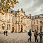 Vue d'ensemble d'un lycée historique en Seine-Maritime avec des élèves dans la cour