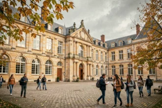Vue d'ensemble d'un lycée historique en Seine-Maritime avec des élèves dans la cour