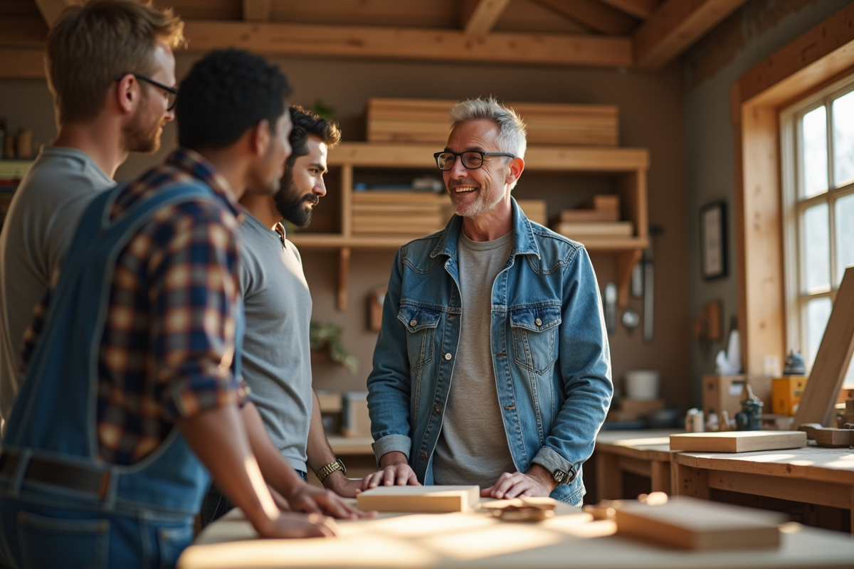 Homme mentorant deux apprentis dans un atelier de menuiserie lumineux