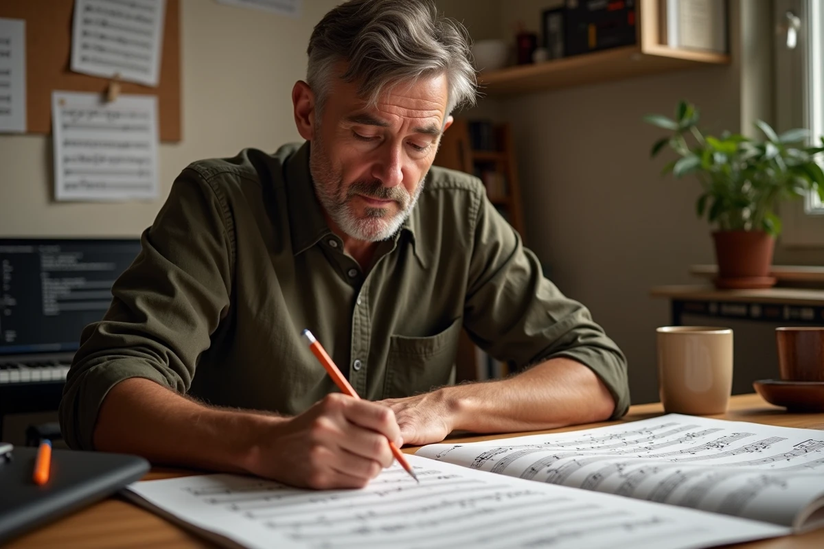 Musicien adulte annotant une partition de musique en clef de fa à son bureau de studio personnel, analysant une théorie musicale complexe