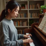 Jeune femme pianiste concentrée sur une partition musicale avec la clef de fa, assise devant un piano droit dans une salle de musique chaleureuse