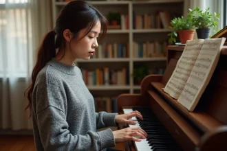 Jeune femme pianiste concentrée sur une partition musicale avec la clef de fa, assise devant un piano droit dans une salle de musique chaleureuse