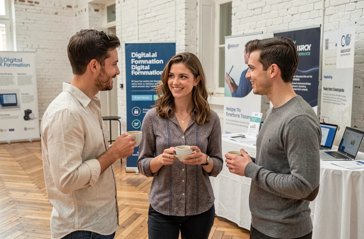 Trois jeunes professionnels en networking lors d'une pause café pendant une conférence sur la formation digitale à Paris