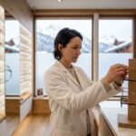 Opticienne dans une boutique d'optique moderne en Savoie ajustant des montures de lunettes avec des montagnes enneigées visibles en arrière-plan