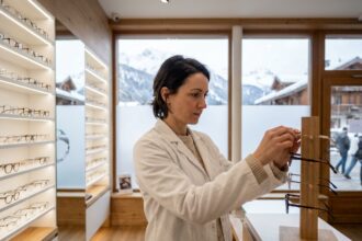 Opticienne dans une boutique d'optique moderne en Savoie ajustant des montures de lunettes avec des montagnes enneigées visibles en arrière-plan