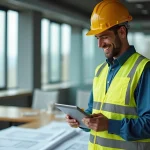 Ouvrier de chantier avec casque jaune et tablette