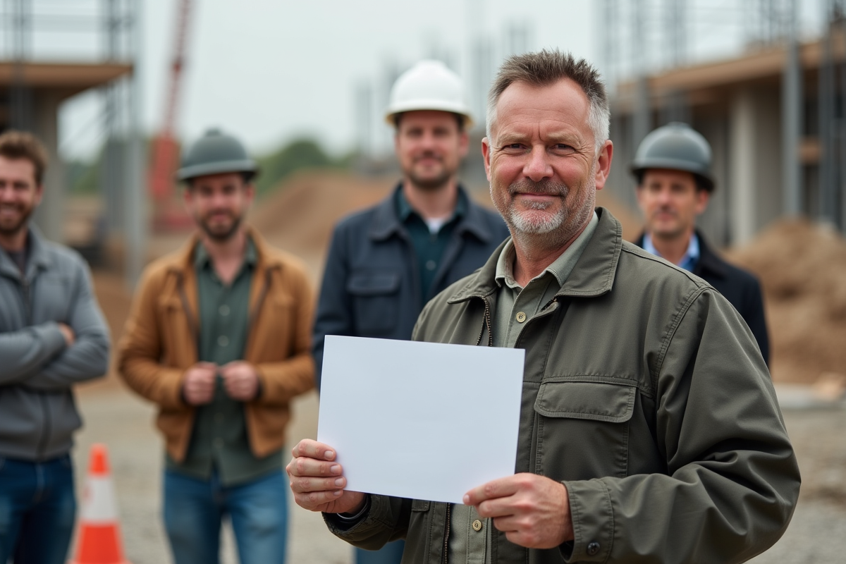 Ouvrier souriant avec collègues sur chantier extérieur