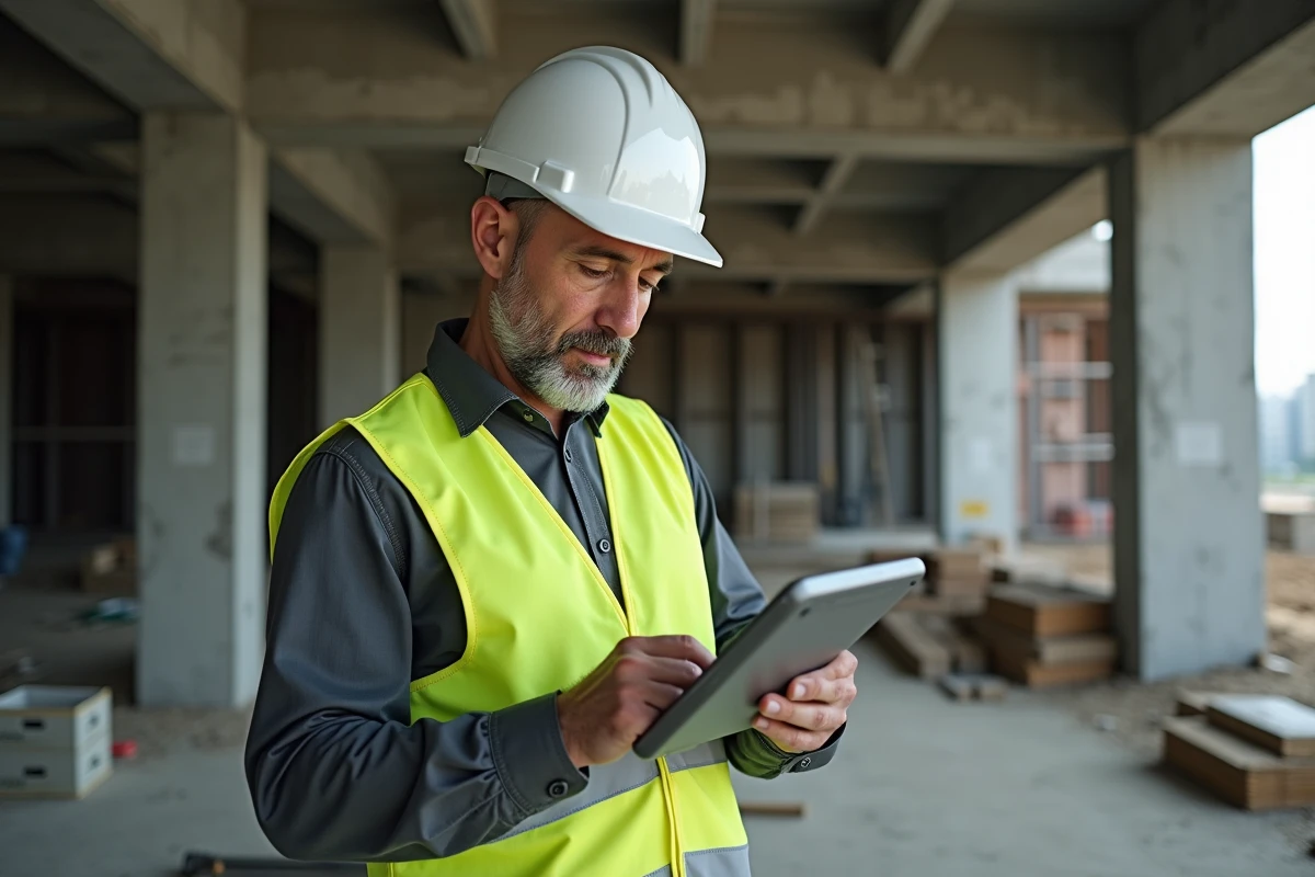 Ouvrier BTP en reconversion suivant une formation certifiante via CPF sur tablette sur un chantier
