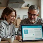 Père et fille discutant devant un ordinateur à la maison