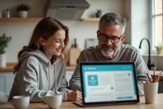Père et fille discutant devant un ordinateur à la maison