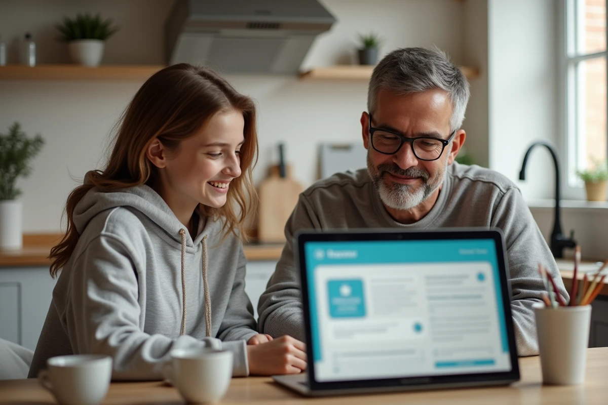 Père et fille discutant devant un ordinateur à la maison