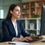 Personnelle administrative utilisant la plateforme PIA Académie de Grenoble sur son ordinateur de bureau dans un open-space institutionnel