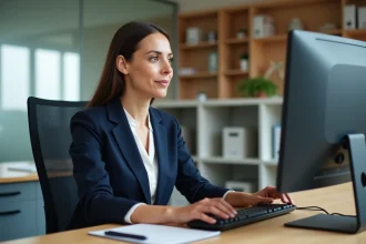 Personnelle administrative utilisant la plateforme PIA Académie de Grenoble sur son ordinateur de bureau dans un open-space institutionnel