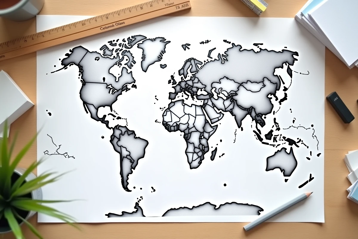 Vue du dessus d'un planisphère complété avec les continents et océans annotés à la main sur une table en bois