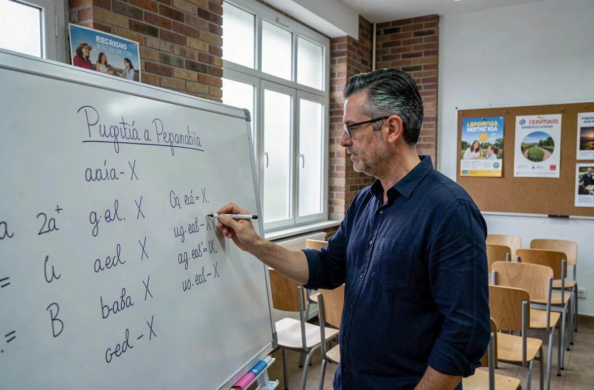Professeur écrivant des conjugaisons à l'imparfait espagnol au tableau dans une salle de classe