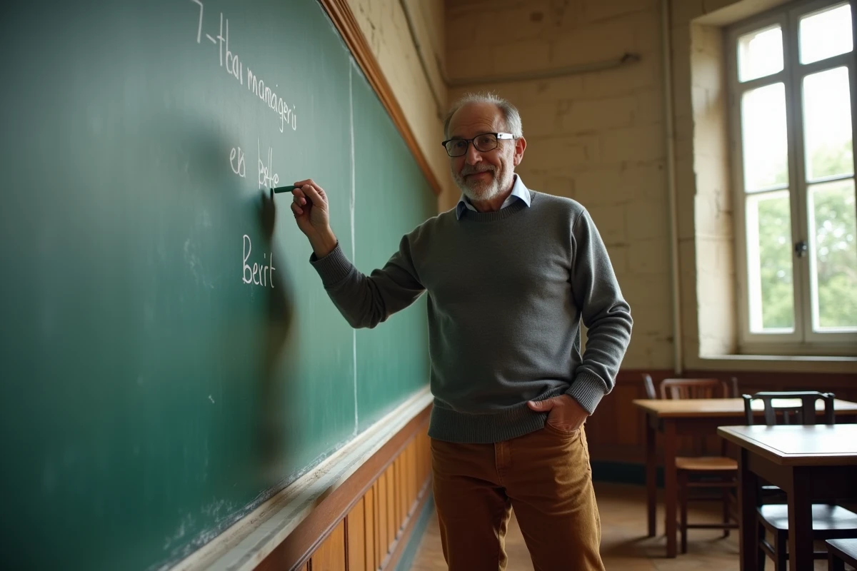 Professeur français écrit la conjugaison de manger au tableau