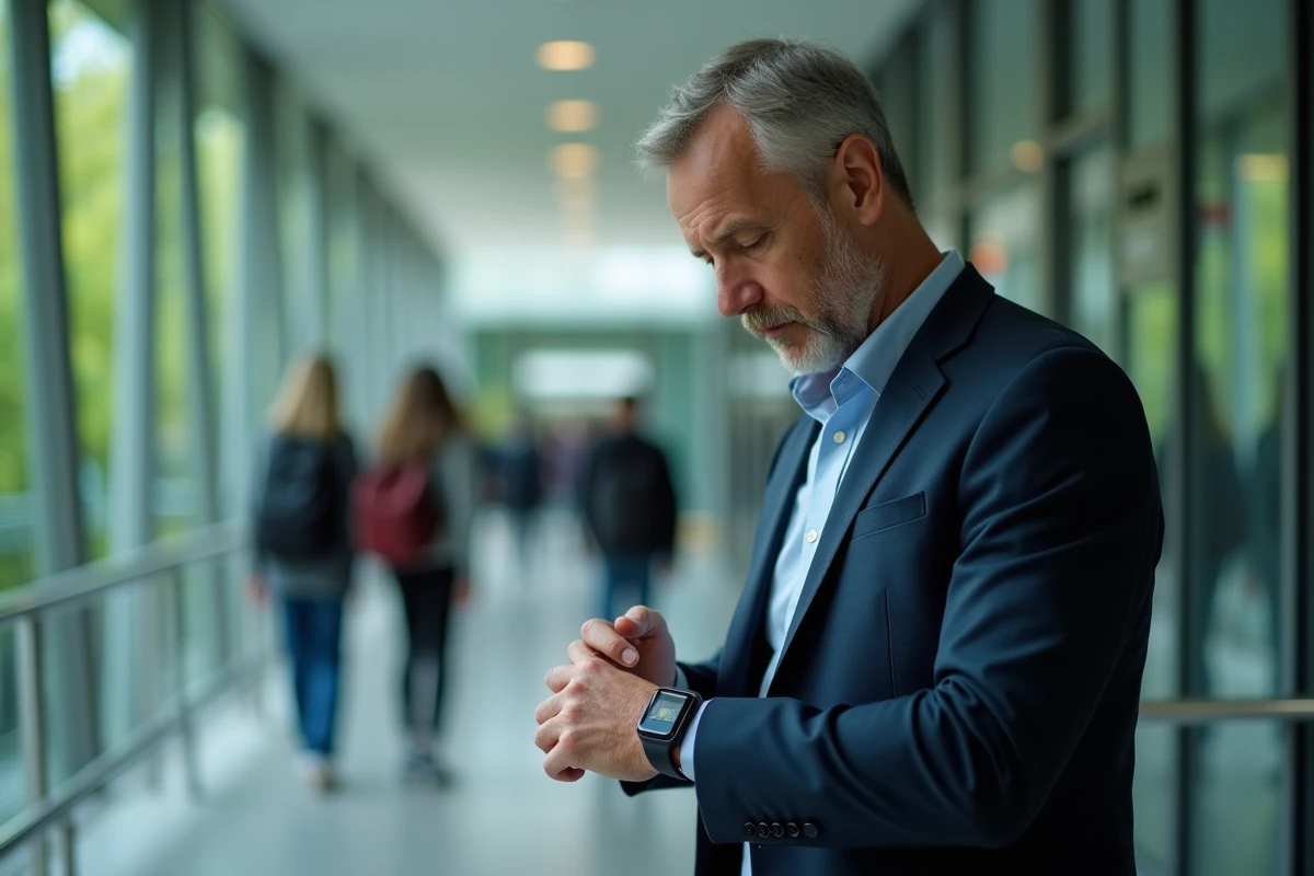 Homme en blazer vérifiant notification sur smartwatch dans couloir