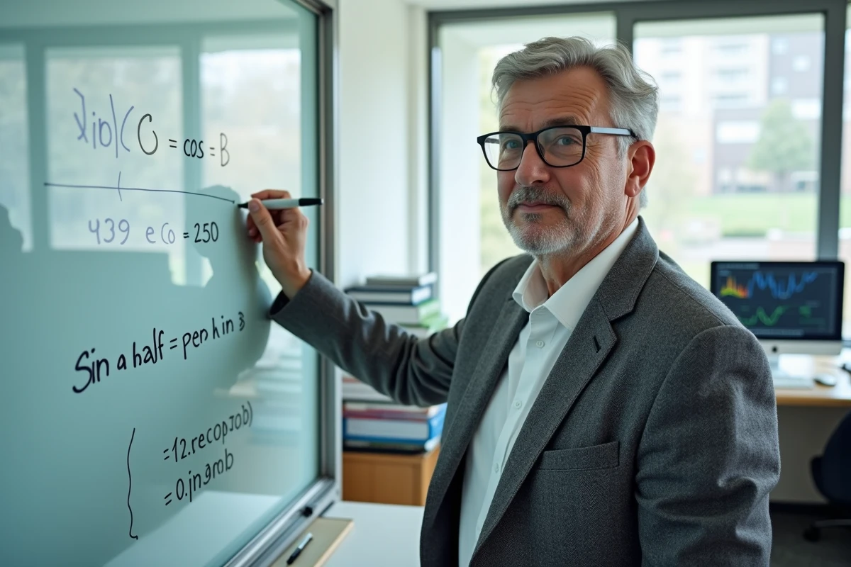 Professeur de mathématiques expliquant la formule trigonométrique sin a cos b sur un tableau blanc dans un bureau universitaire