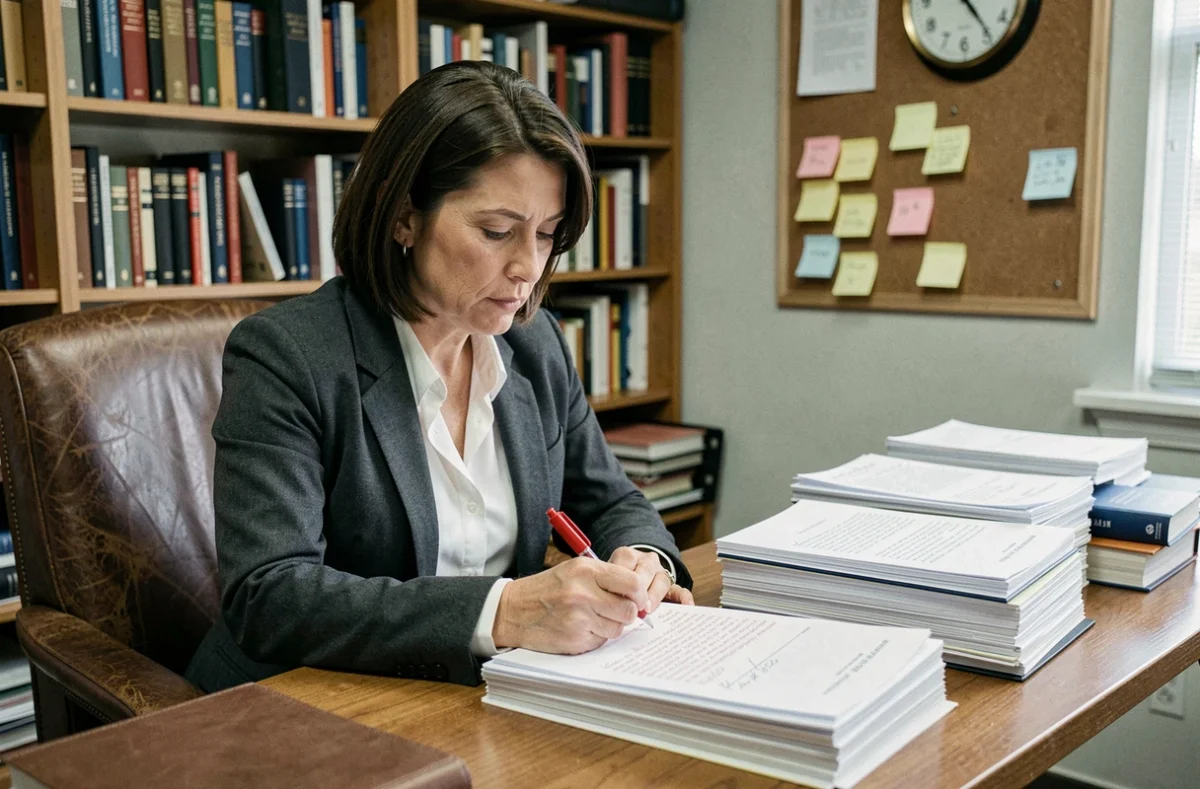 Professeure de lycée corrigeant des copies de dissertation au stylo rouge dans un bureau enseignant entouré de livres de philosophie et de littérature