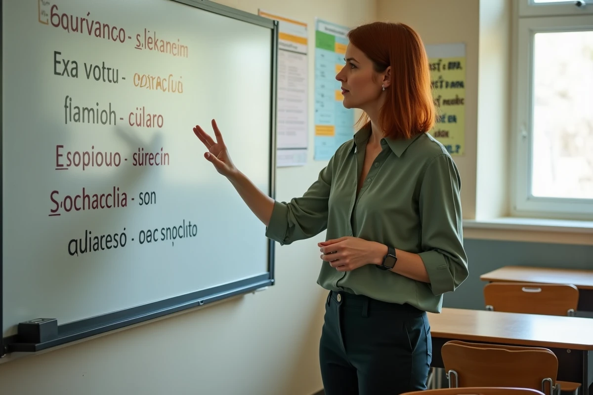 Professeure d'espagnol expliquant le subjonctif imparfait au tableau blanc devant sa classe de lycée
