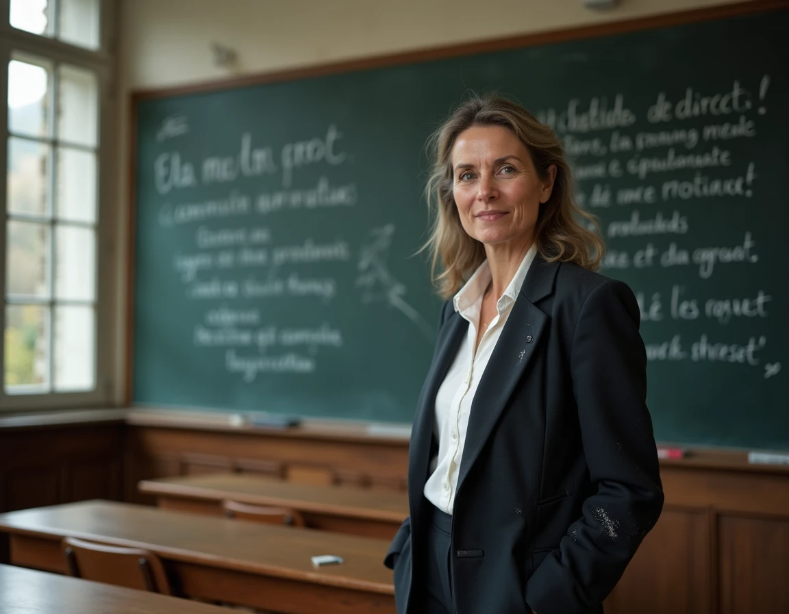Professeure de philosophie devant un tableau avec la méthode de rédaction d'une dissertation en classe