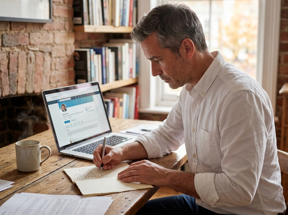 Professionnel rédigeant une recommandation de cooptation à son bureau avec un ordinateur affichant un profil LinkedIn