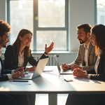 Trois professionnels en réunion dans un bureau lumineux