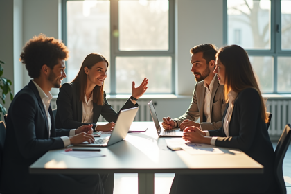Trois professionnels en réunion dans un bureau lumineux